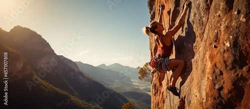 Woman determined to do rock climbing in the mountains