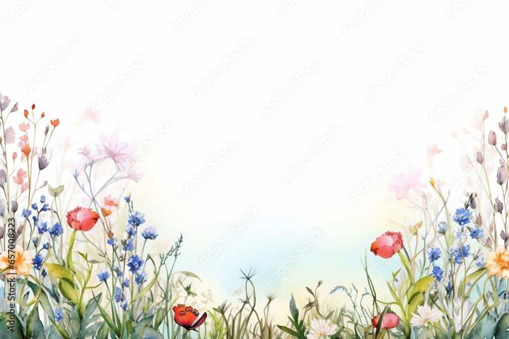 Watercolor border with wildflowers in a meadow. Generative AI - obrazy, fototapety, plakaty 