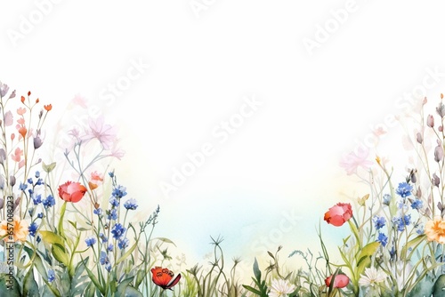 Watercolor border with wildflowers in a meadow. Generative AI photo
