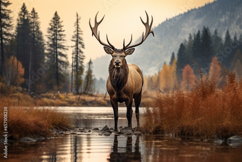 a male elk in a natural Canadian landscape. Generative AI © Calantha