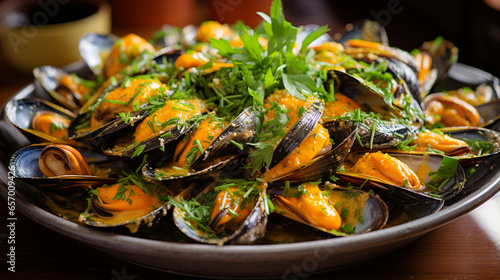 Mussels nestled in a bed of seaweed, a culinary homage to coastal flavors.