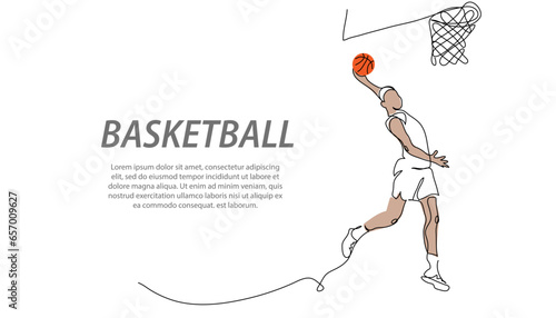 Basketball player dunk. He jumps and throw the ball into basketball hoop. One continuous line art drawing of basketball player dunk