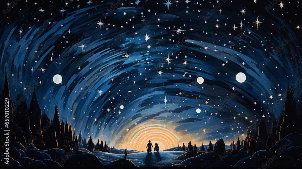 Starry Communion": Figures gather beneath a starlit sky, finding solace and connection in the cosmos. - obrazy, fototapety, plakaty 