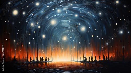 Starry Communion   Figures gather beneath a starlit sky  finding solace and connection in the cosmos.
