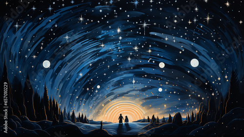 Starry Communion": Figures gather beneath a starlit sky, finding solace and connection in the cosmos.
