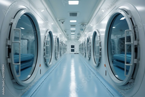 An open hyperbaric chamber door with an inviting perspective. Generative AI