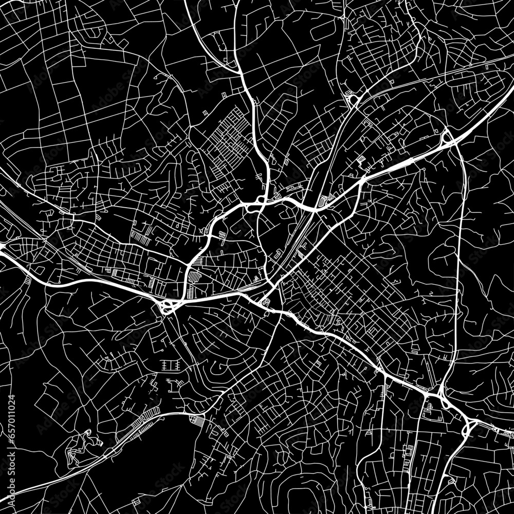 1:1 square aspect ratio vector road map of the city of  Reutlingen in Germany with white roads on a black background.