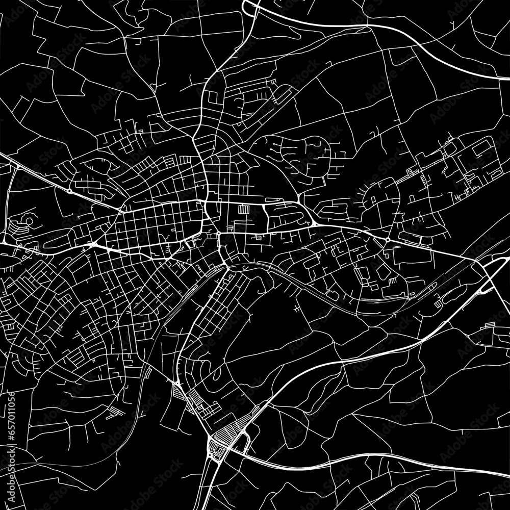 1:1 square aspect ratio vector road map of the city of  Schwenningen in Germany with white roads on a black background.