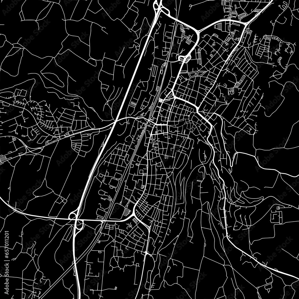 1:1 square aspect ratio vector road map of the city of  Ravensburg in Germany with white roads on a black background.