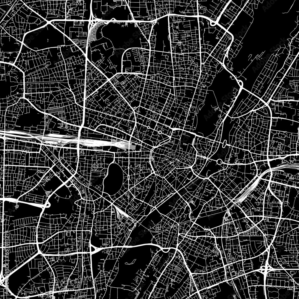 Fototapeta premium 1:1 square aspect ratio vector road map of the city of Munchen in Germany with white roads on a black background.