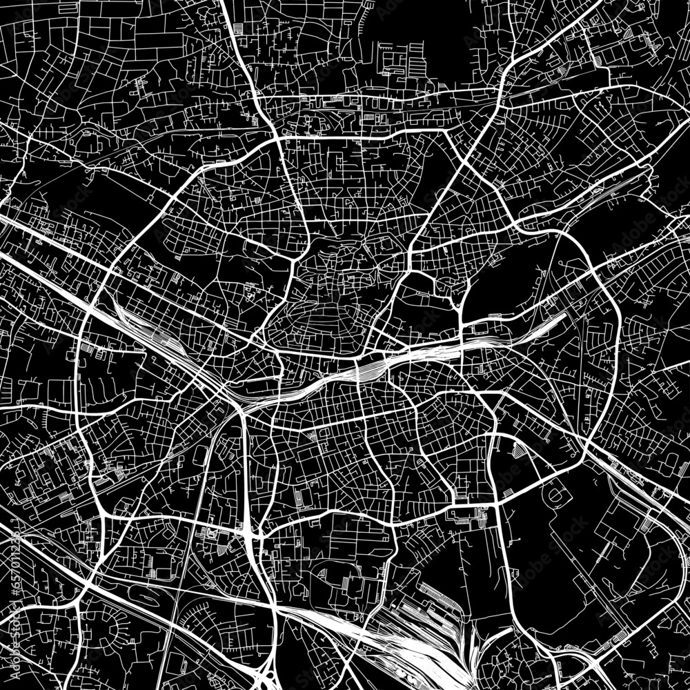 1:1 square aspect ratio vector road map of the city of  Nurnberg in Germany with white roads on a black background.