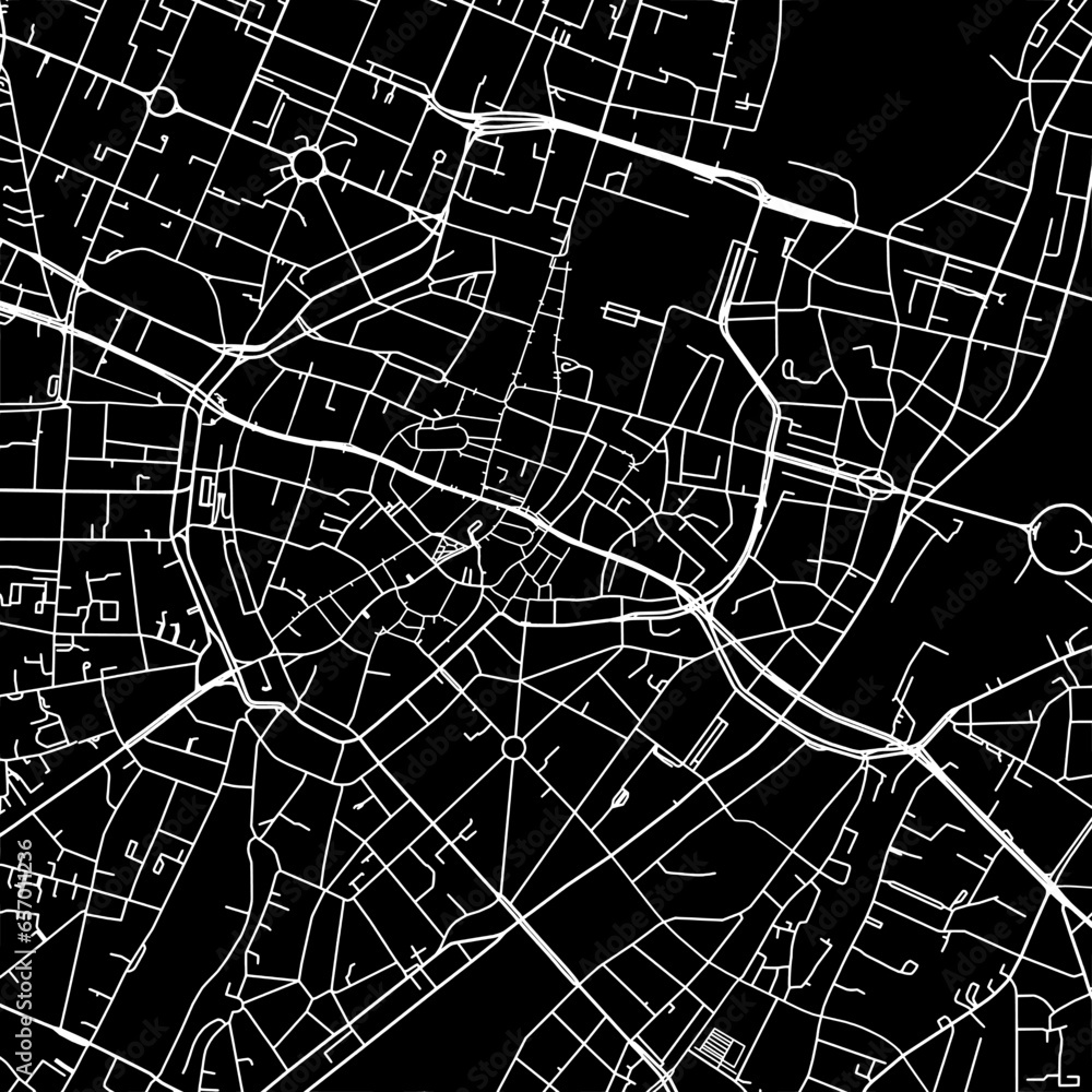 1:1 square aspect ratio vector road map of the city of  Munchen Zentrum in Germany with white roads on a black background.