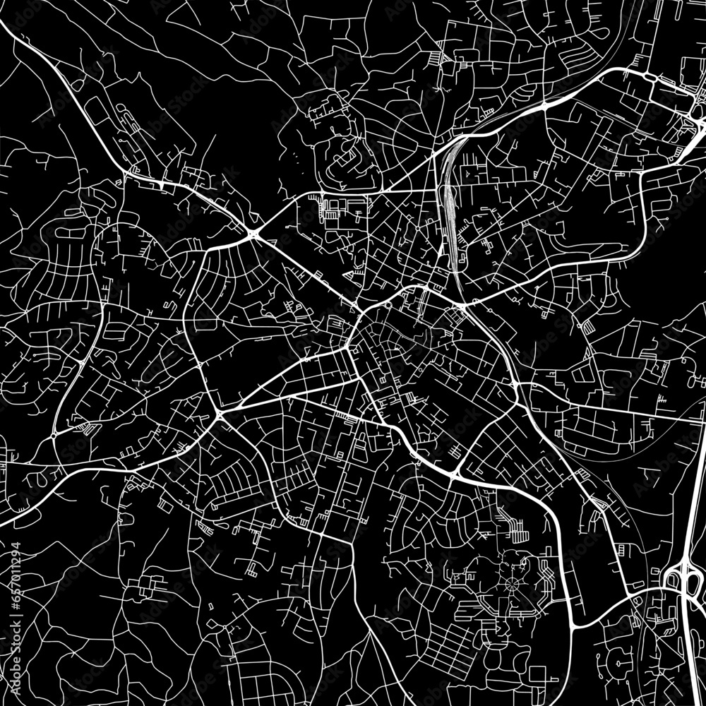 1:1 square aspect ratio vector road map of the city of  Bayreuth in Germany with white roads on a black background.