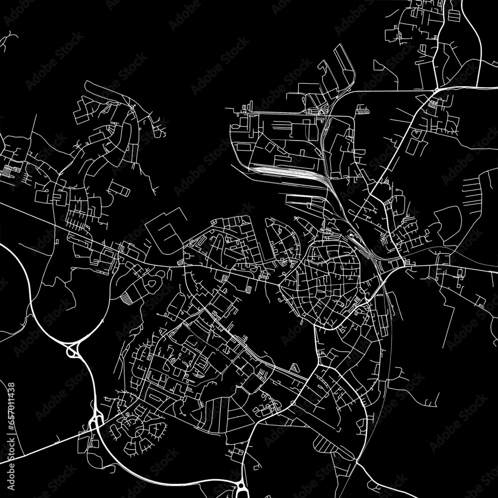 1:1 square aspect ratio vector road map of the city of  Wismar in Germany with white roads on a black background.