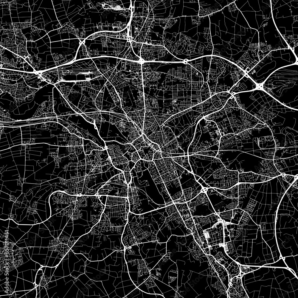 1:1 square aspect ratio vector road map of the city of  Hannover in Germany with white roads on a black background.