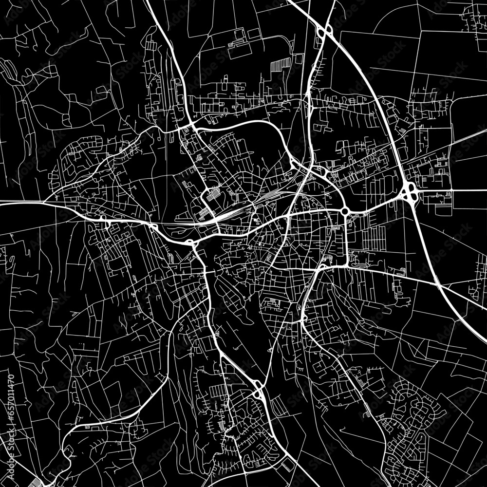 1:1 square aspect ratio vector road map of the city of  Hildesheim in Germany with white roads on a black background.
