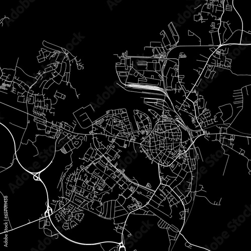 1:1 square aspect ratio vector road map of the city of Wismar in Germany with white roads on a black background.