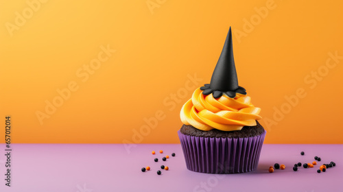 Cupcake on Halloween. Pumpkin Jack o lantern and ghost. Dessert on Halloween party. Muffin decorated with colored sprinkles, frosting and Icing. Dark background with copy space.