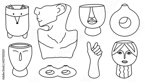 Set of doodle line art vases and pots. Hand drawn clay pottery collection. Different shapes with face, hand, pet, circle. Isolated vector illustration