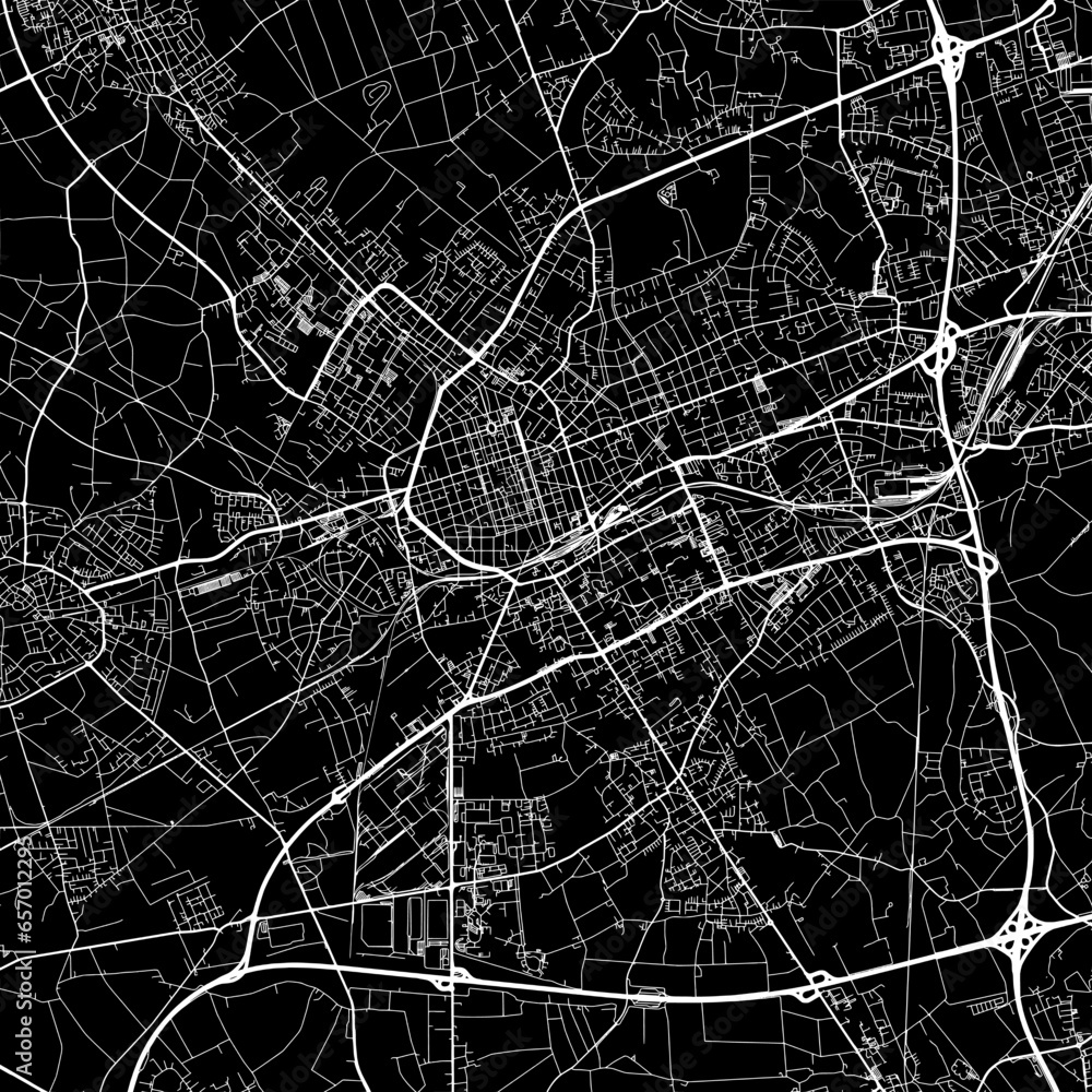 1:1 square aspect ratio vector road map of the city of  Krefeld in Germany with white roads on a black background.