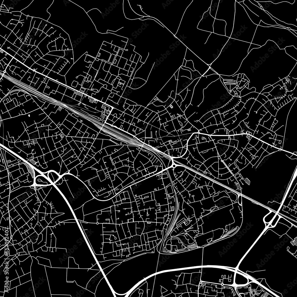 1:1 square aspect ratio vector road map of the city of  Troisdorf in Germany with white roads on a black background.