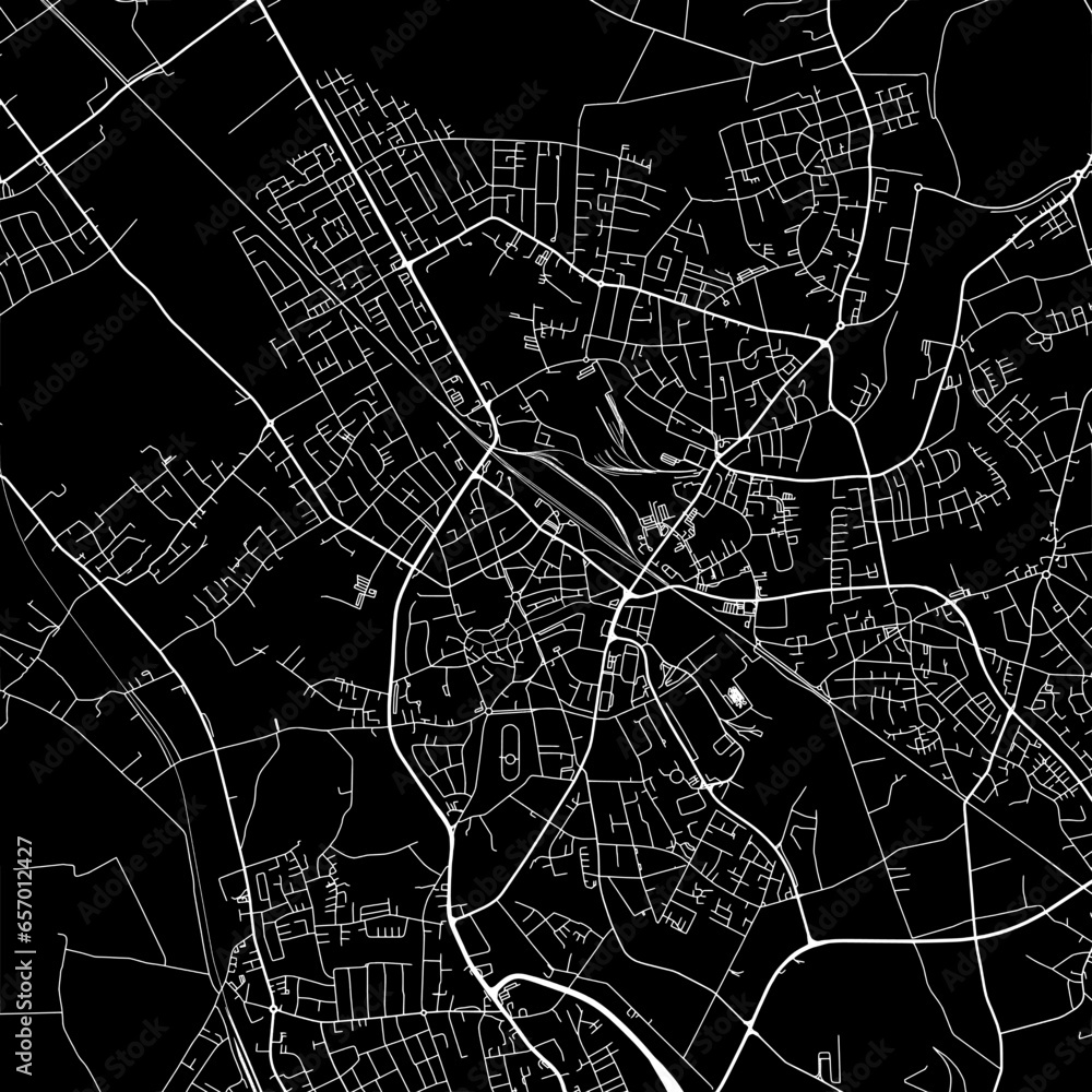 1:1 square aspect ratio vector road map of the city of  Dinslaken in Germany with white roads on a black background.