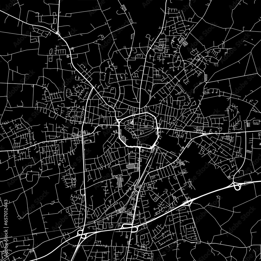 1:1 square aspect ratio vector road map of the city of  Bocholt in Germany with white roads on a black background.