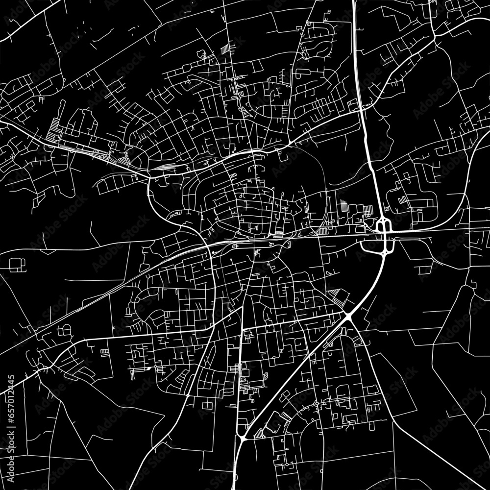 1:1 square aspect ratio vector road map of the city of  Lippstadt in Germany with white roads on a black background.