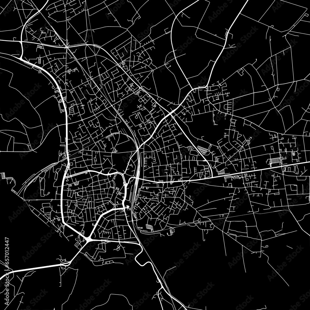 1:1 square aspect ratio vector road map of the city of  Wesel in Germany with white roads on a black background.