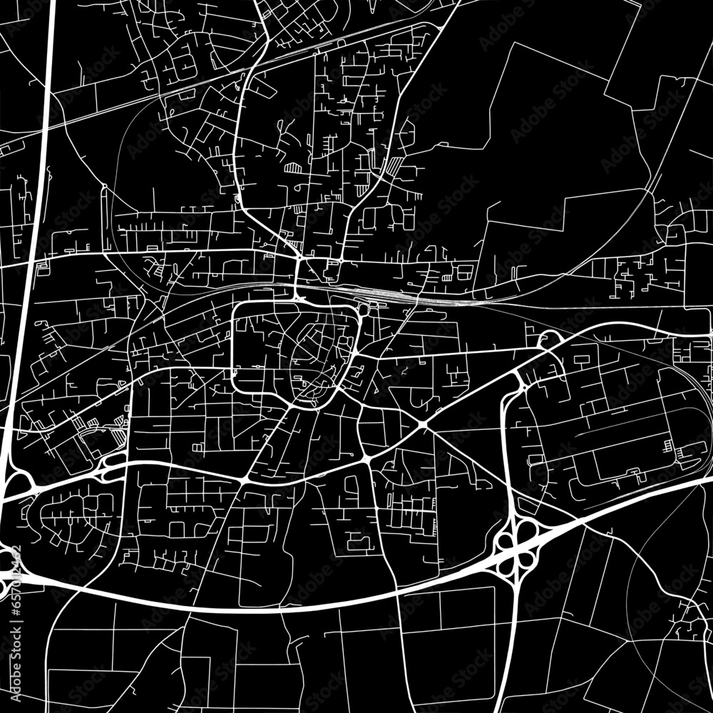 1:1 square aspect ratio vector road map of the city of  Unna in Germany with white roads on a black background.