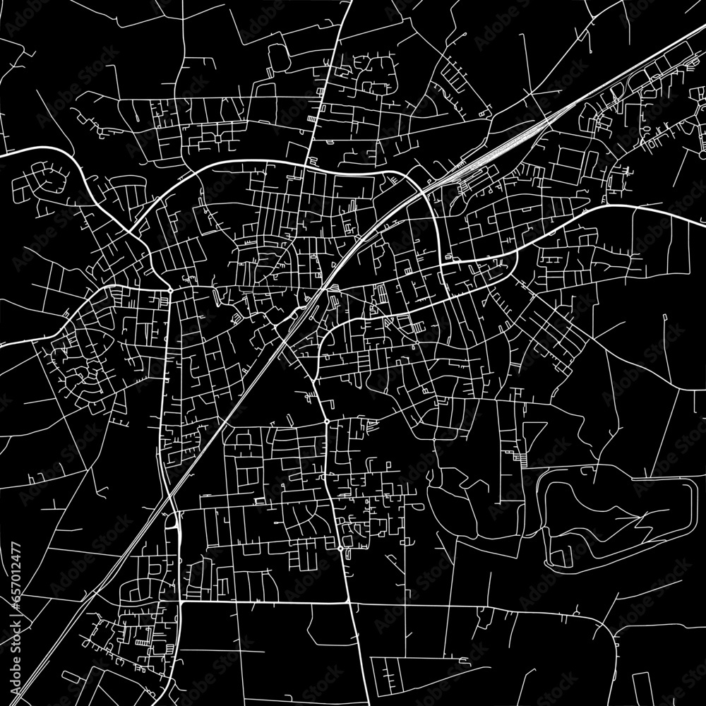 1:1 square aspect ratio vector road map of the city of  Ahlen in Germany with white roads on a black background.