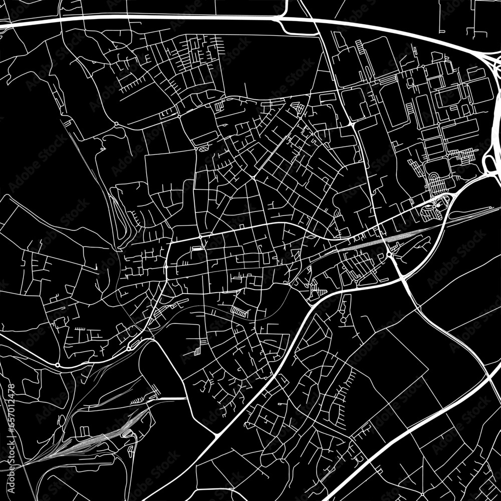 1:1 square aspect ratio vector road map of the city of  Frechen in Germany with white roads on a black background.