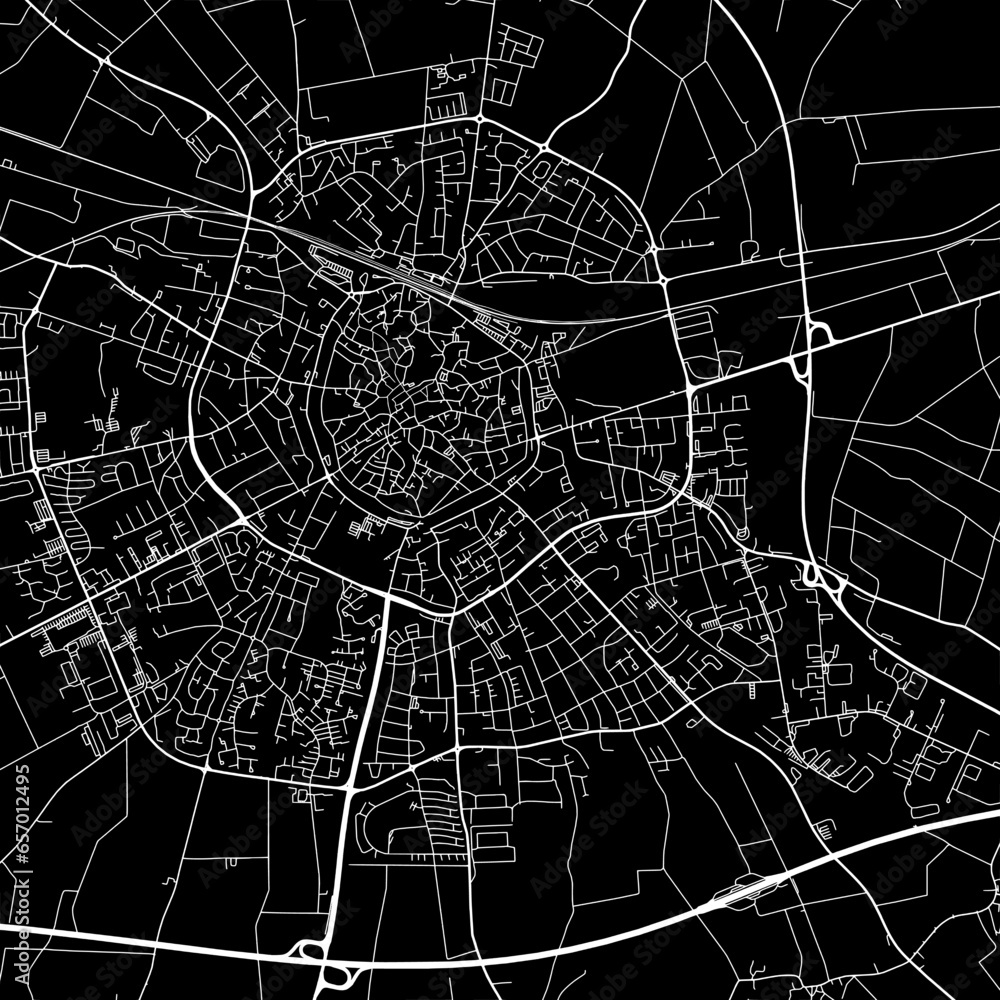 1:1 square aspect ratio vector road map of the city of  Soest in Germany with white roads on a black background.