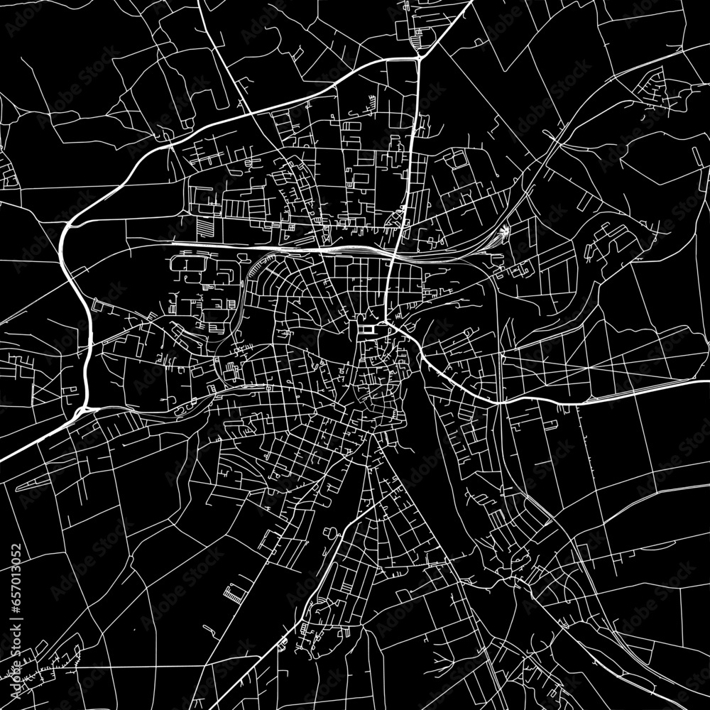 1:1 square aspect ratio vector road map of the city of Weimar in Germany with white roads on a black background. 1:1 square aspect ratio vector road map of the city of Weimar in Germany with white roads on a black background.