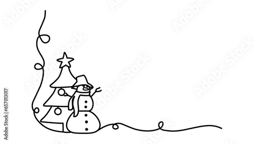 christmas card snow man and tree one line art vector