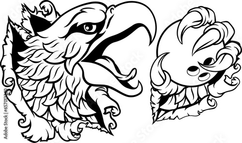A bald eagle or hawk with claw talons holding a ten pin bowling ball and ripping or tearing through the background. Sports Mascot