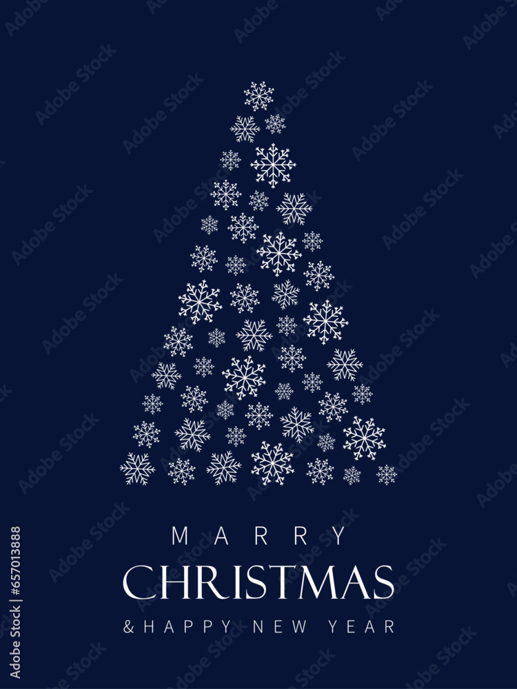 Merry Christmas and Happy New Year, christmas card with white christmas tree from snowflakes on blue background. Merry Christmas and Happy New Year, christmas card with white christmas tree from snowflakes on blue background.