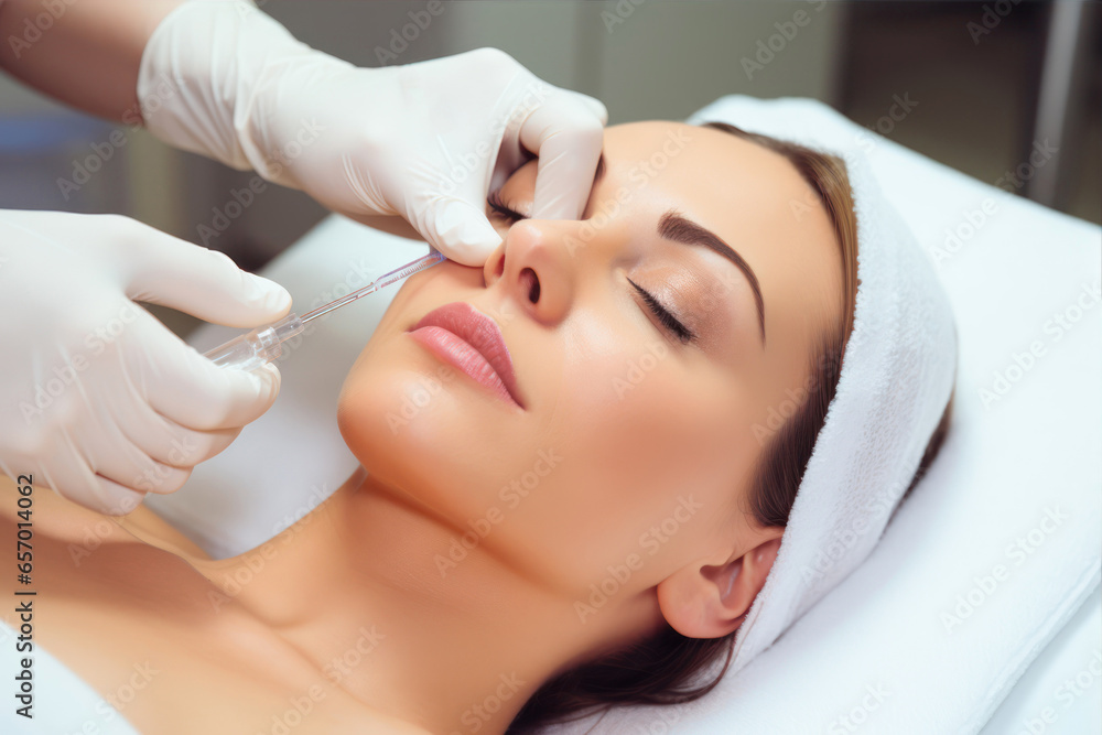 Young beautiful woman in a beauty salon receiving facial injections. Cosmetology