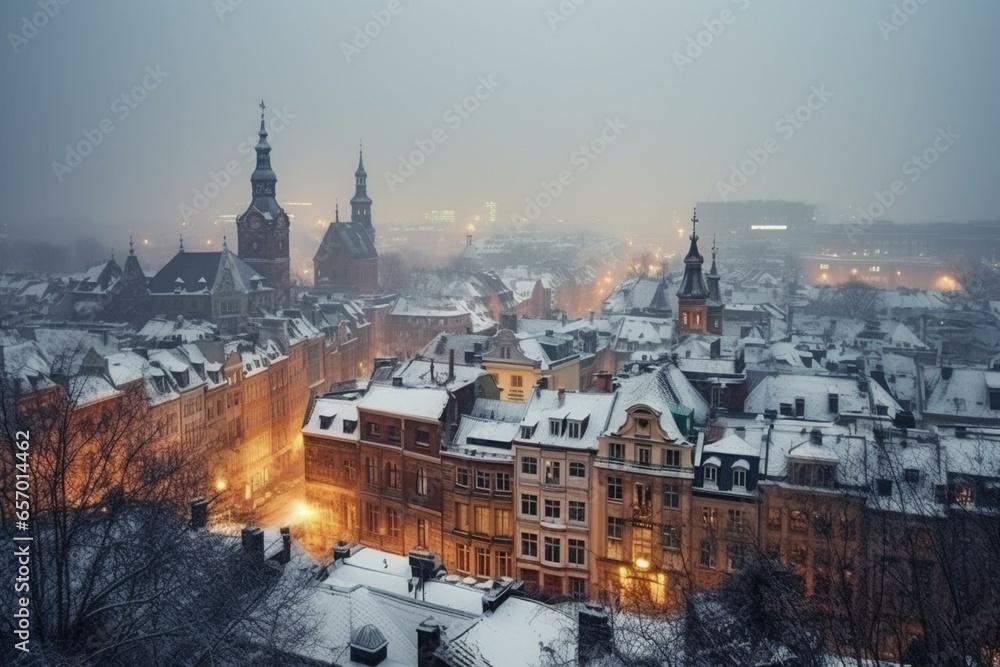 Wintery cityscape in Europe. Generative AI