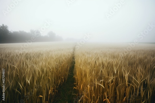Wheat field foggy. Sunset summer. Generate Ai