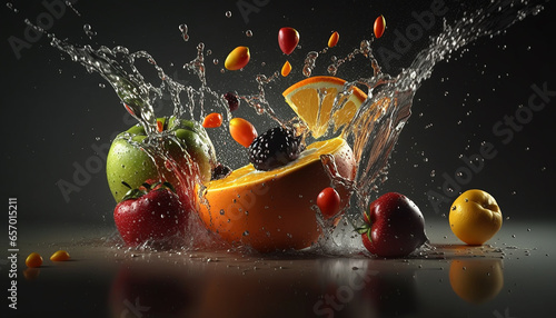 Fresh fruits freeze motion of water splash AI Generated photo