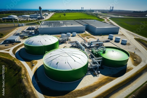 Aerial view of biogas plant with drone. Generative AI photo