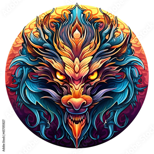Illustration of a colorful dragon s face New Year s card sticker