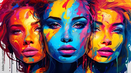 Portrait of women in intense colors painted with paints, concept of female strength and independence