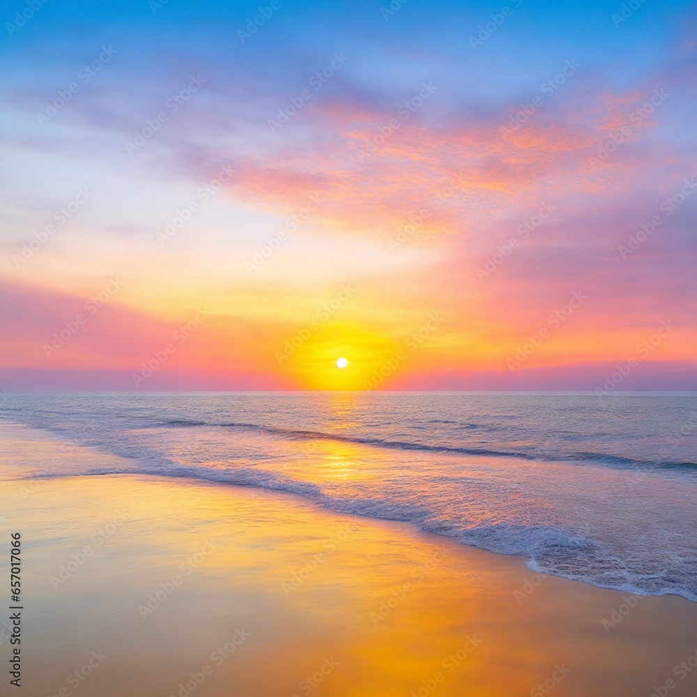 Beautiful shot of a beach in the seashore with a scenery of sunset in the evening sky Beautiful shot of a beach in the seashore with a scenery of sunset in the evening sky