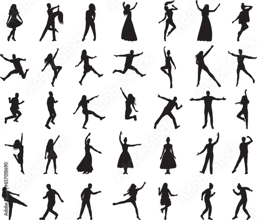 set of dancing people silhouette, on white background, vector