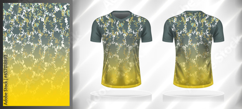Vector sport pattern design template for V-neck T-shirt front and back with short sleeve view mockup. Shades of grey-yellow color gradient abstract grunge texture background illustration.