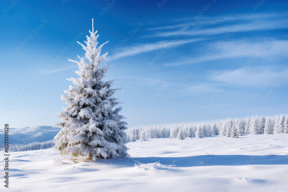Obraz premium Christmas tree in snow as greeting background