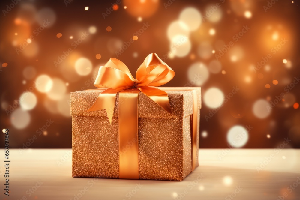Close up Golden gift box for Christmas Eve or New Year over light blurred background Close up Golden gift box for Christmas Eve or New Year over light blurred background