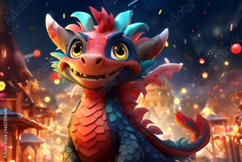Cartoon dragon celebrating New Year 2024 and Christmas  photo